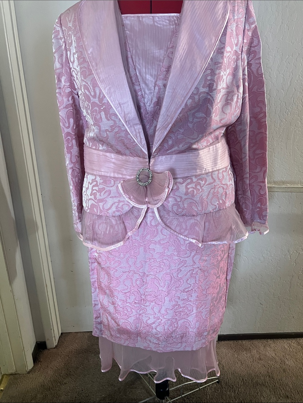 Ashro Pink Satin & Lace Jacket Dress Set with Rhinestone Accent